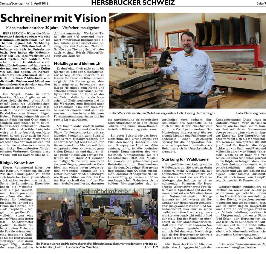 HErsbrucker Zeitung über 30 Jahre Möbelmacher 